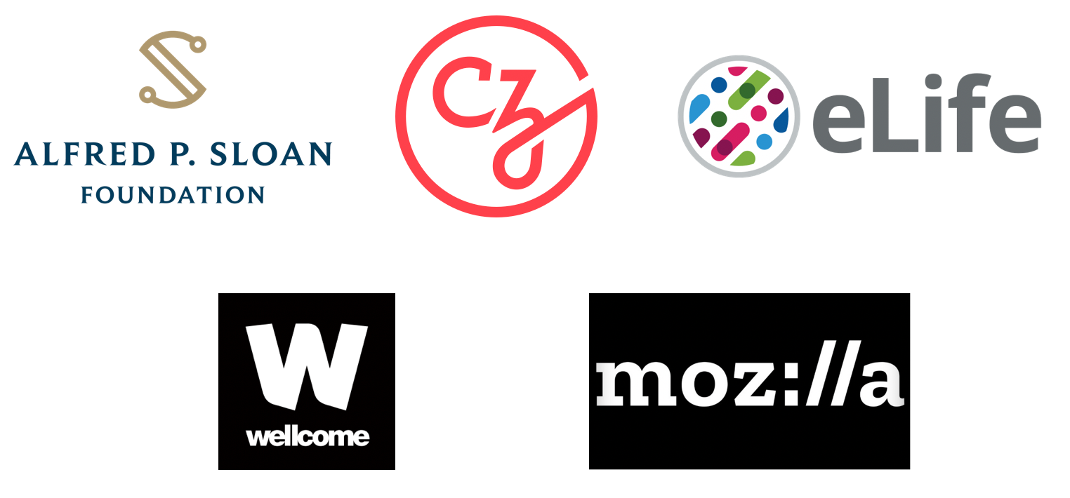 Left to right, top to bottom, logos of past and present funders of PREreview: Alfred P. Sloan Foundation, Chan Zuckerberg Initiative, eLife, Wellcome Trust, Mozilla Foundation