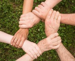 Several hands holding each other's wrists in a supportive way to symbolise commmunity and unity