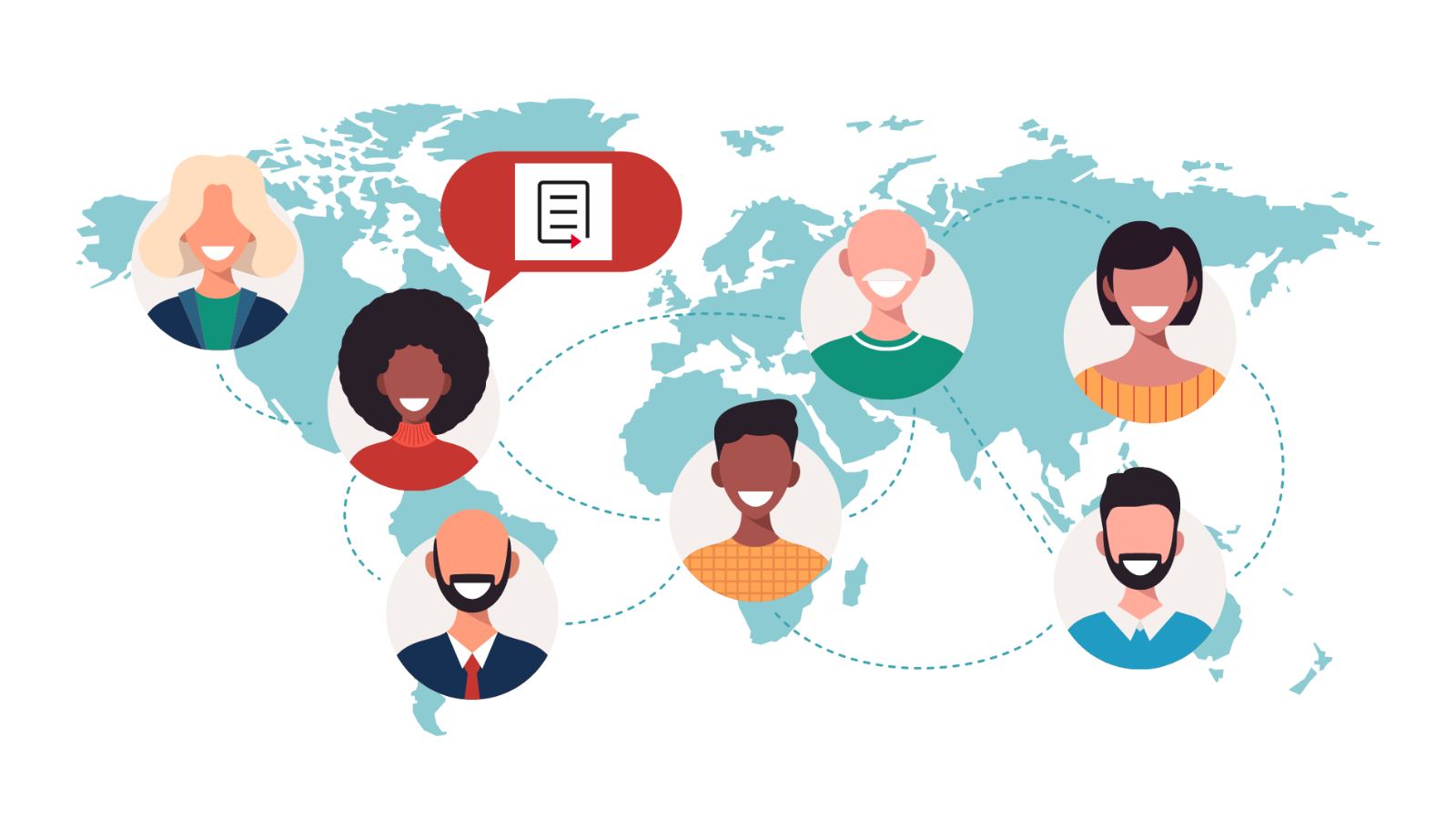 A diverse group of people of different ethnicities are drawn in a cartoon style and postioned across the globe with dotted lines connecting them. They are all smiling, one person has a speech bubble with the PREreview logo inside depicting the topic of conversation.