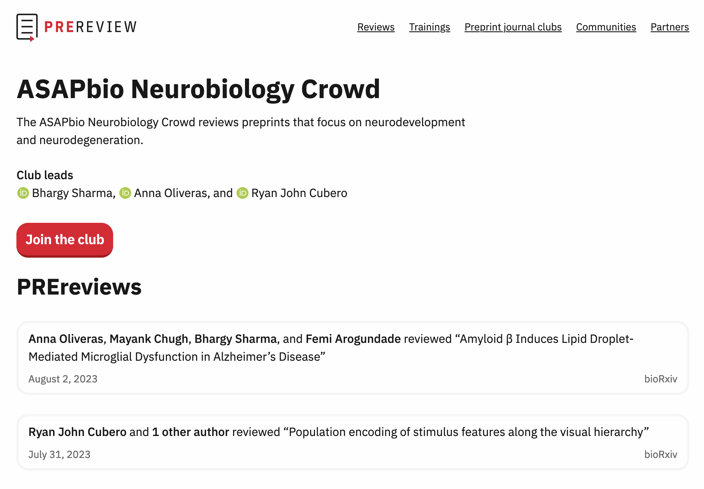 Image alt text This is a screenshot of the ASAPbio Neurobiology Crowd's PREreview Club page on Prereview.org listing the Club’s name, as well as its description, lead’s name, members’ names, and its reviews.