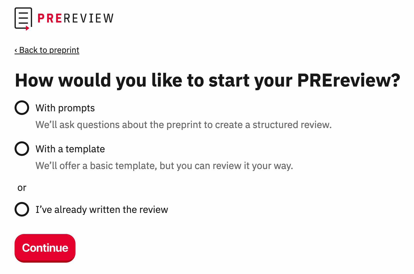 A screenshot from PREreview.org showing an author's choices between starting a Structured, Templated, or Freeform PREreview.