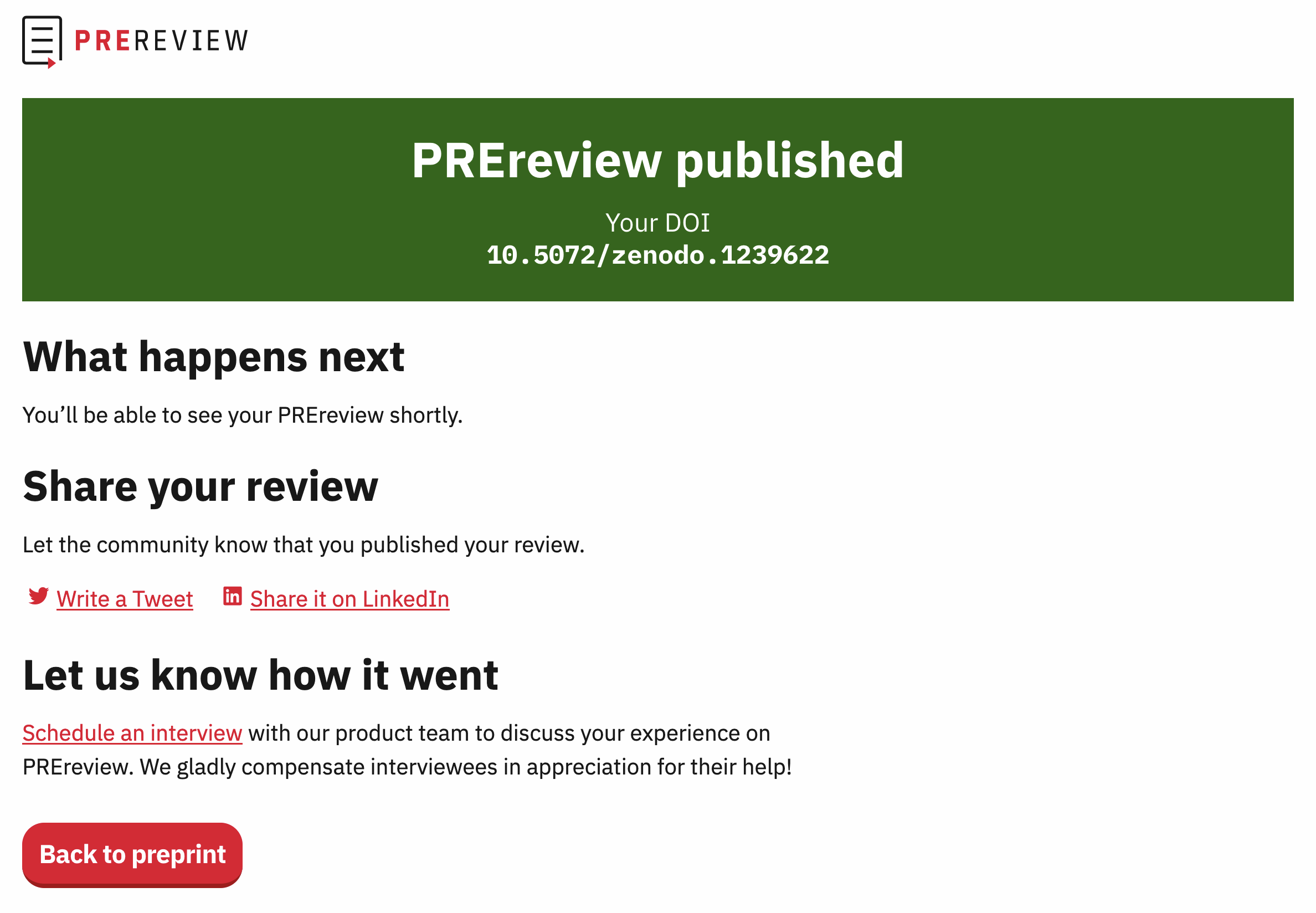 A screenshot from PREreview.org suggesting actions an author can take to share a published Structured PREreview.