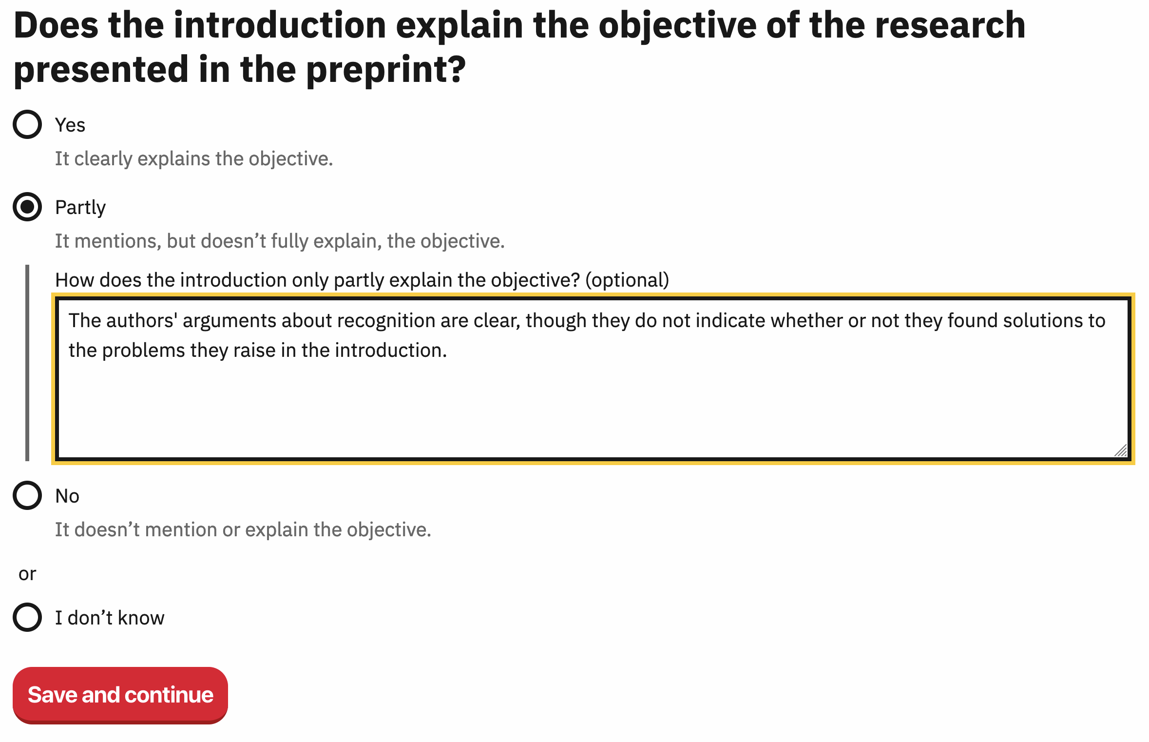 A screenshot from PREreview.org showing a prompt from the Structured PREreview workflow regarding how well a preprint's introduction aligns with the rest of the paper.