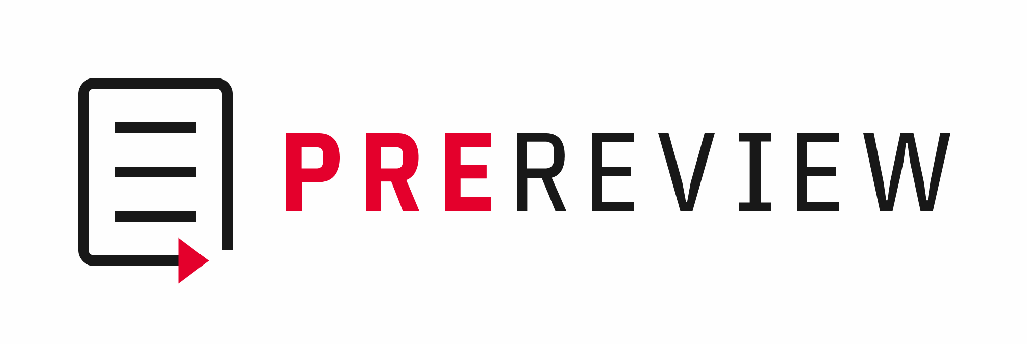 PREreview's logo which shows a stylized paper with an arrow pointing leftwards from its bottom edge towards the word "PREREVIEW" in all caps