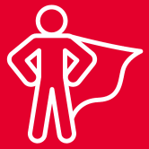 A white figure stands on a red background with their cape billowing in the wind.