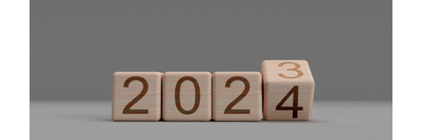 Cubes with numbers on turn over from 2023 to 2024 marking the change in year.