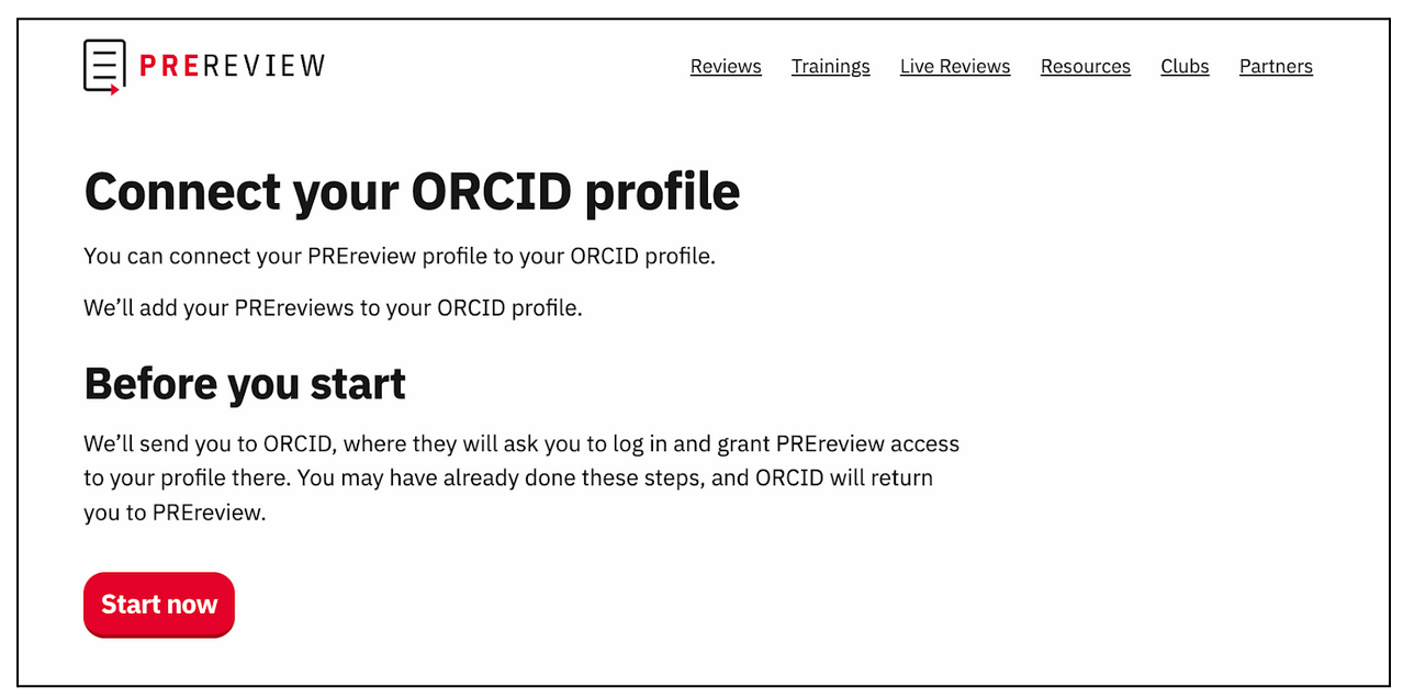 A screenshot from PREreview.org inviting a user to connect their review activity and their ORCID profile