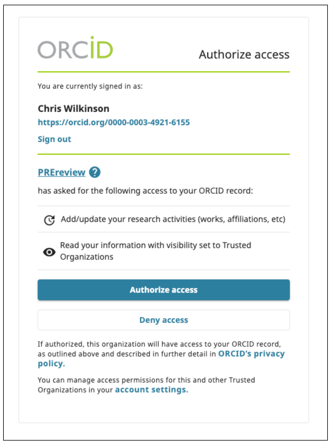 A screenshot from ORCID.org asking a user to allow PREreview to add to their profile