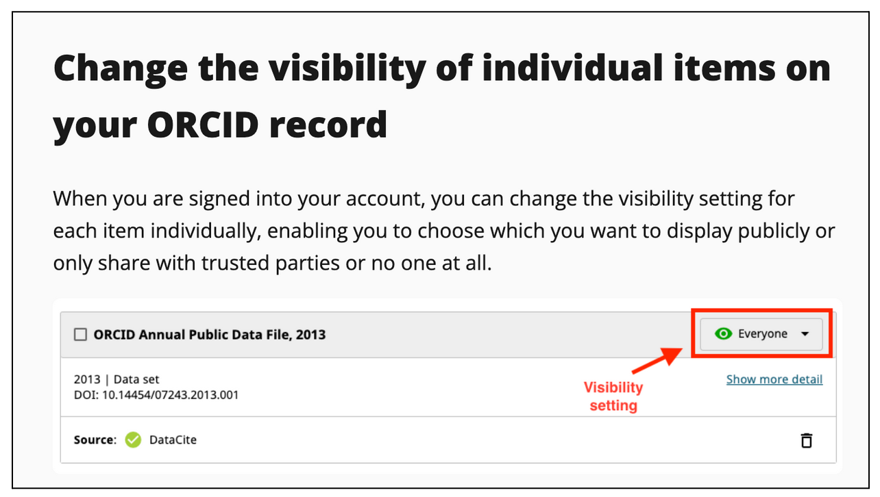 A screenshot from ORCID.org demonstrating how to change the visibility of items in your record
