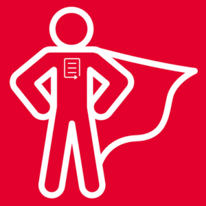 The PREreview Champions logo of a stick figure with a superhero cape and the PREreview logo on their chest on a red background.
