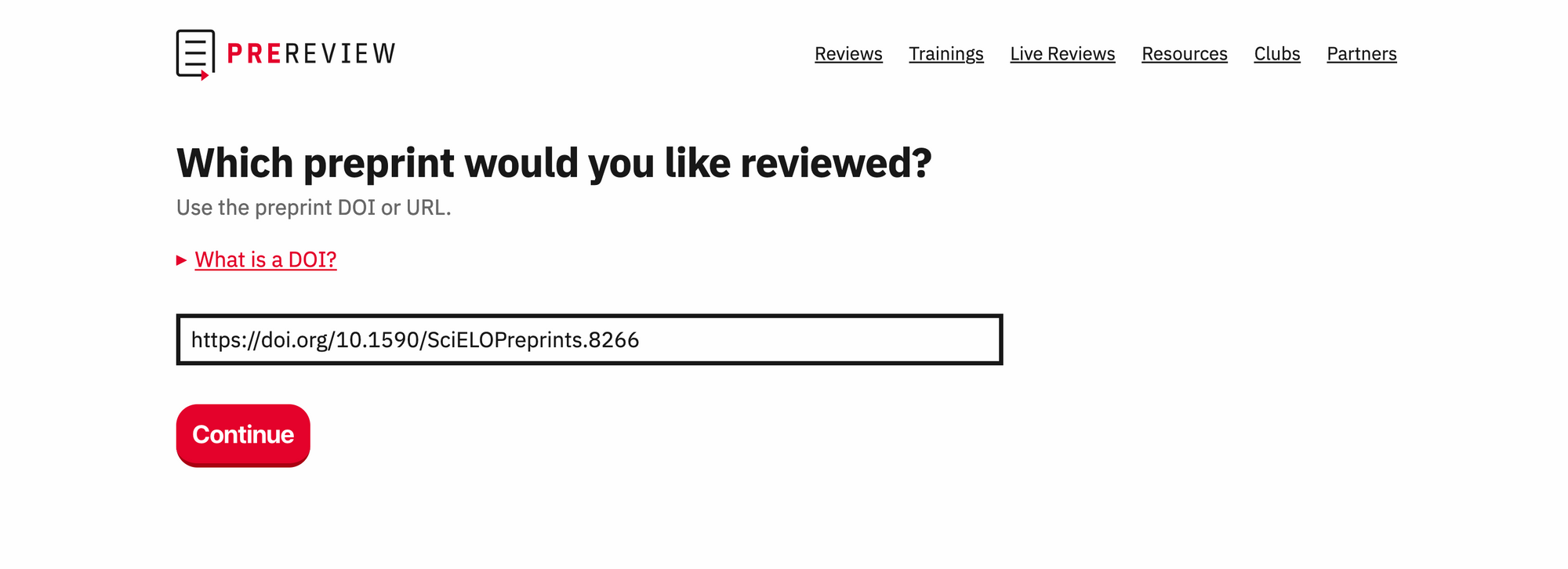 A screenshot showing a preprint's DOI tin PREreview.org's request-a-review interface
