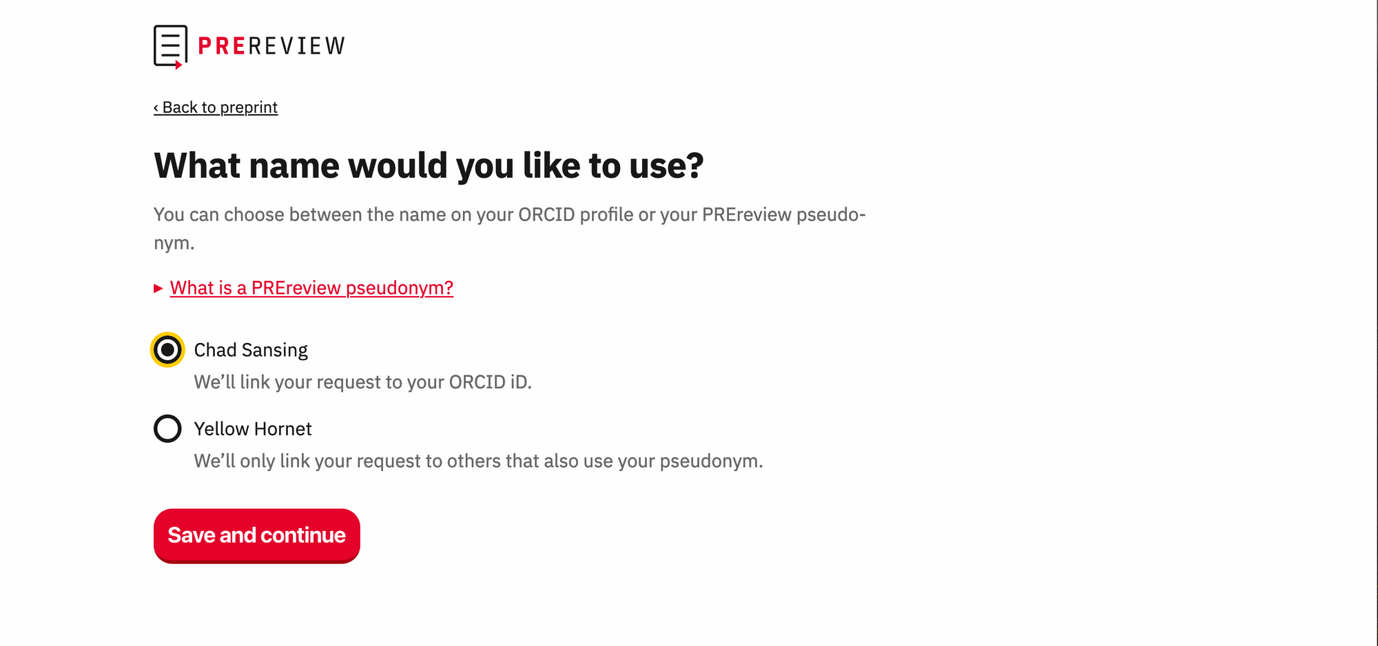 A screenshot of a user choosing their public or pseudonymous profile to request a review on PREreview.org