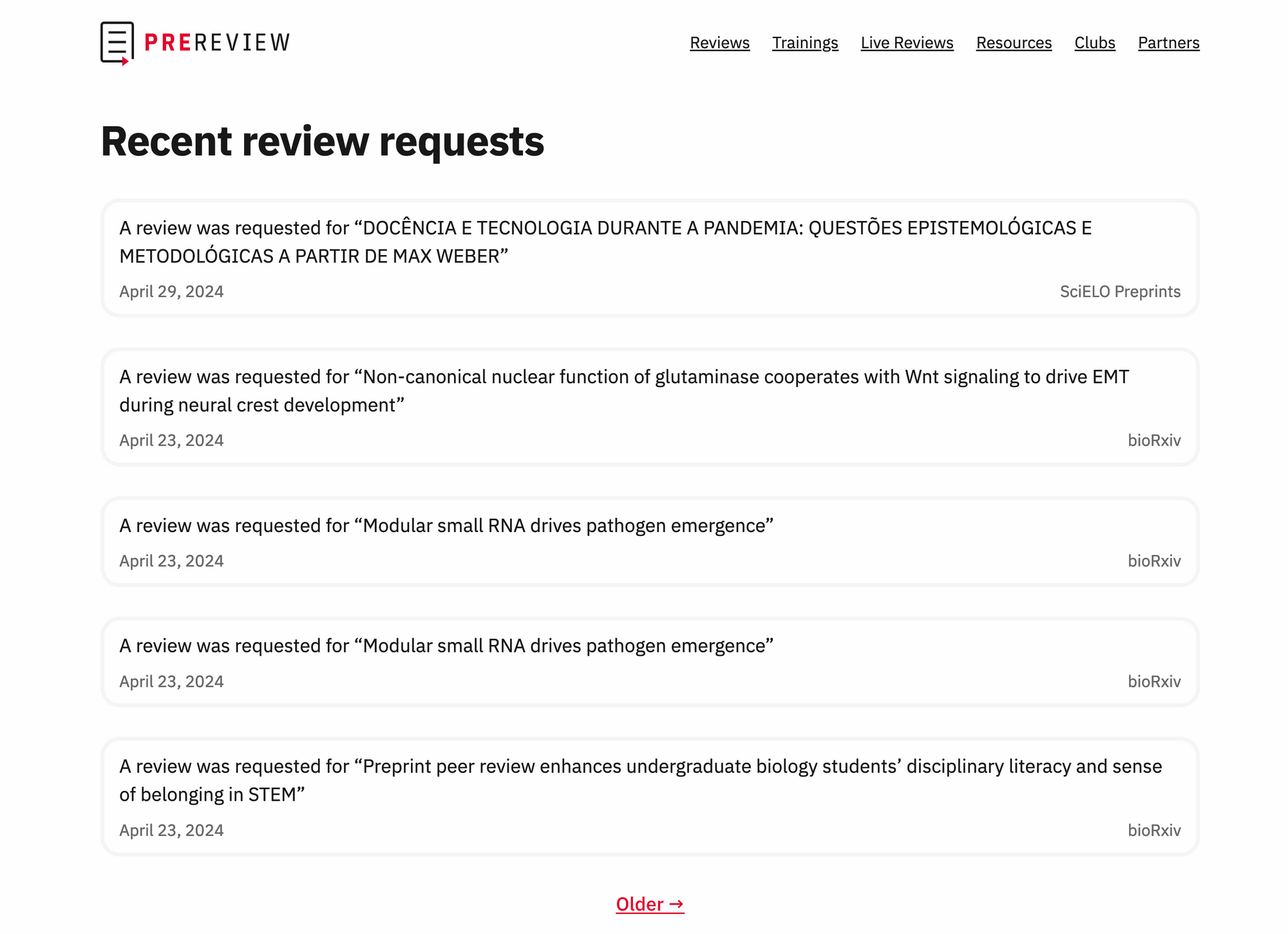 A screenshot displaying the new Requests page on PREreview.org that lists all requests chronologically
