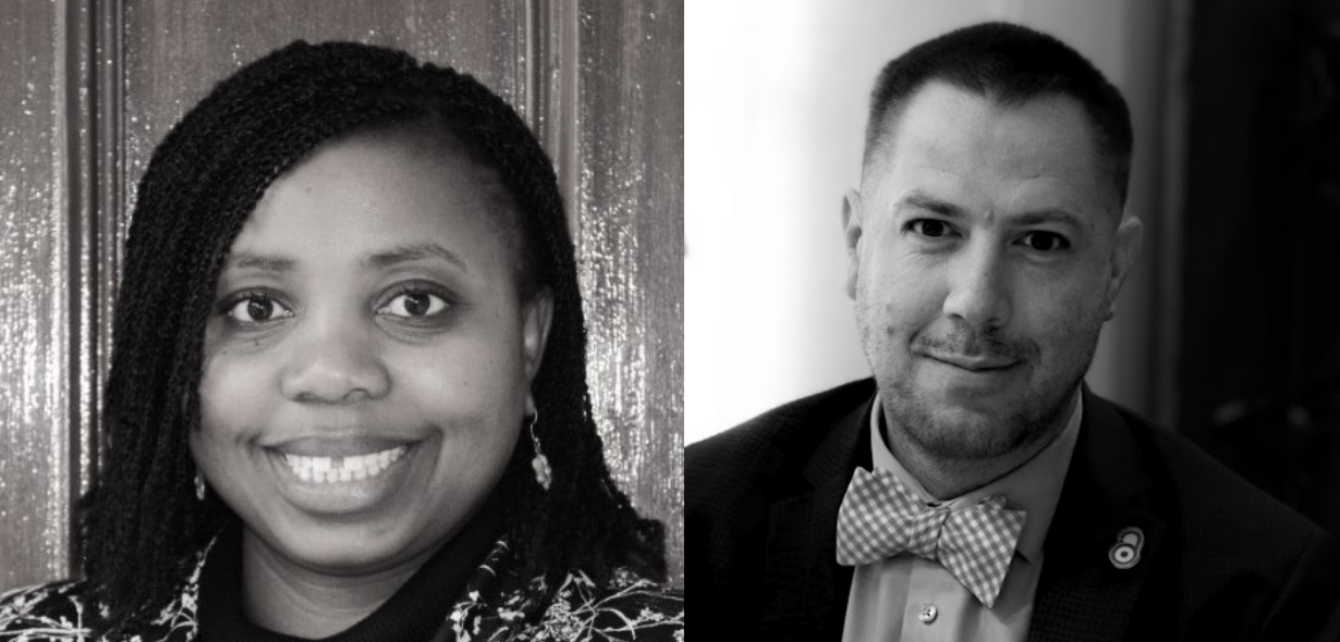 Black and white headshot of the two new members of PREreview Advisory Committee. Aurelia Munene (left), Christopher Steven Marcum (right).