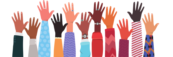 Hands belonging to diverse individuals held up in the air to contribute. Image credit Canva | grmarc2