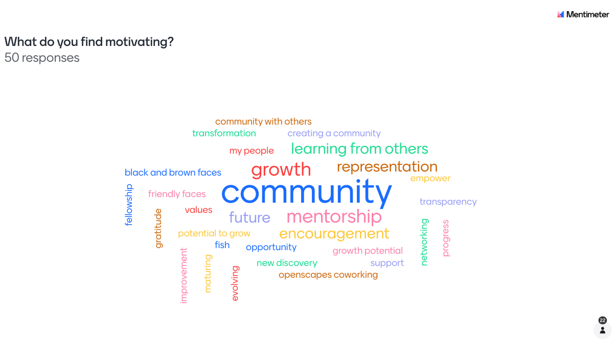 A visual survey of participants from Community Call 2 answering the question - “What do you find motivating [about participating in this program]?”