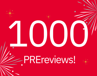 1000 PREreviews! In white font on a red background with firework images