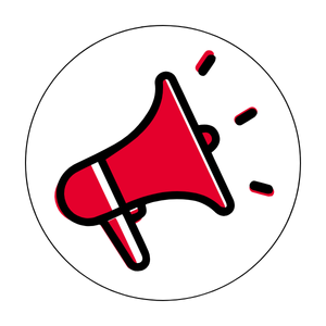 A red megaphone icon outlined in black against a white background.