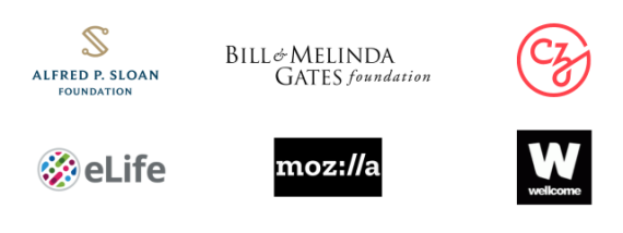 The company logos of the funders of PREreview including the Sloan Foundation, CZI, eLife, The Wellcome Trust and Mozilla