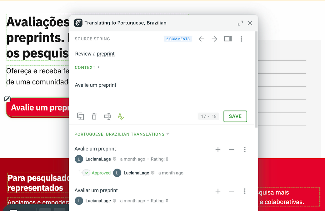 This is a screenshot showing the Crowdin editing interface appearing on top of PREreview.org.