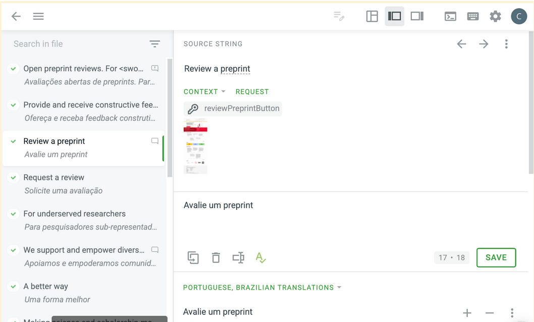This is a screenshot in Crowdin showing how you can click on original lines of text to make suggestions, edit them, or vote them up or down.