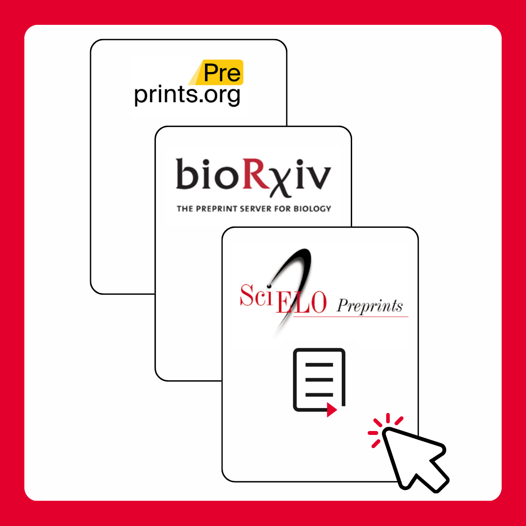 An image of a series of three diagonally overlapping papers with the Preprints.org logo, the bioRxiv logo, and the SciELO Preprints logo with the PREreview logo. The very top paper is being clicked by a white cursor arrow with red action lines.