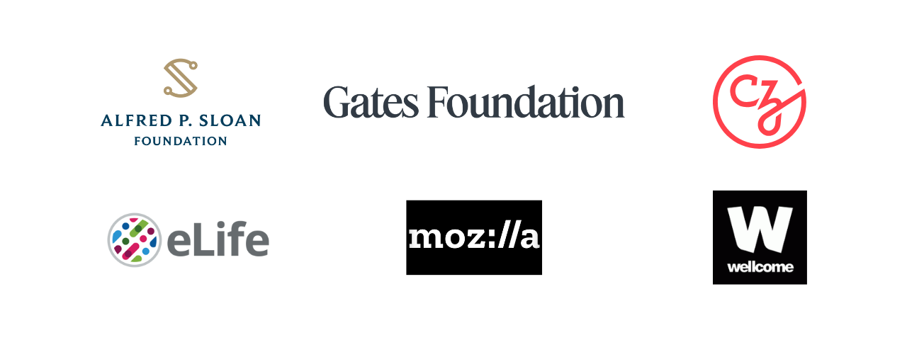 An image displaying the logos of PREreview's funders, the Alfred P. Sloan Foundation, the Bill & Melinda Gates Foundation, the Chan Zuckerberg Initiative, eLife, Mozilla, and the Wellcome Trust