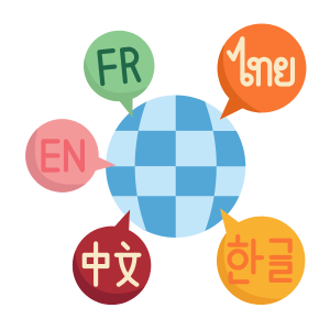 A picture of a checkered ball in dark and light blue, representing Earth, with speech bubbles around it with the names of different languages in them.