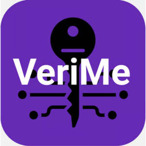 The VeriMe logo which features white text with 'VeriMe' across a black key icon on a purple background