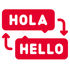 Two red boxes with text in white saying 'Hola' and 'Hello' with arrows going between the two.
