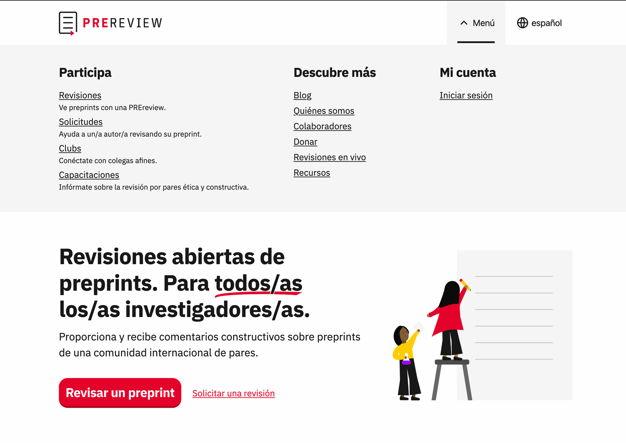 A screenshot from PREreview.org shows its menu translated into Latin American Spanish