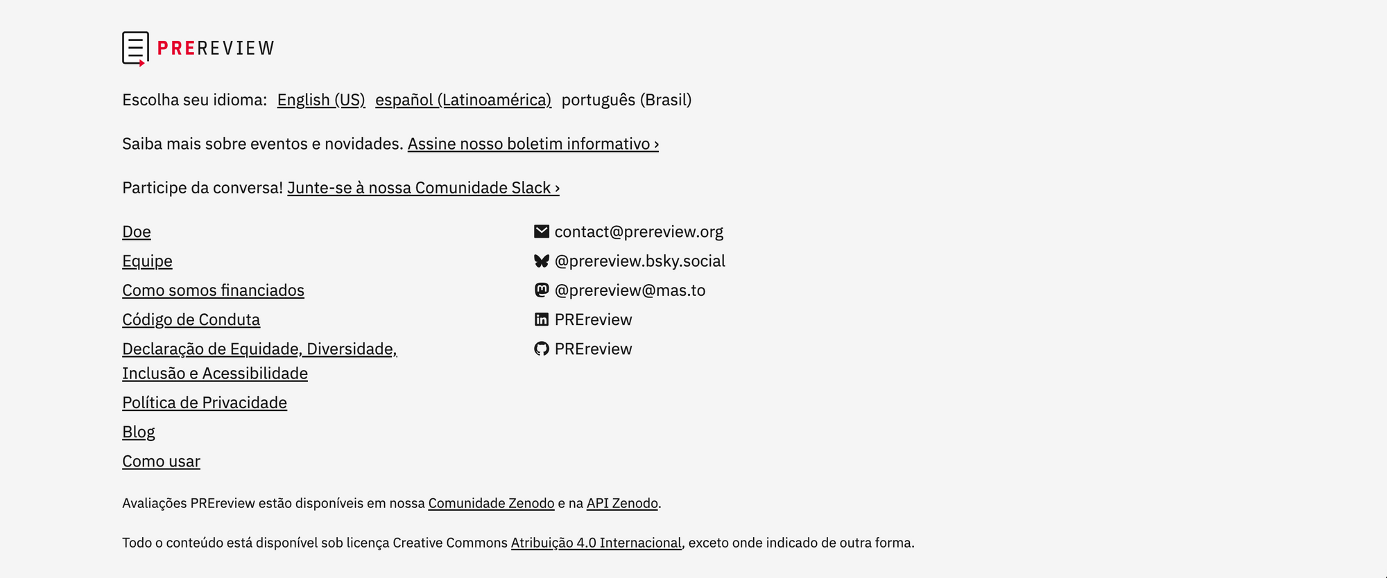 A screenshot from PREreview.org shows its footer translated into Brazilian Portuguese