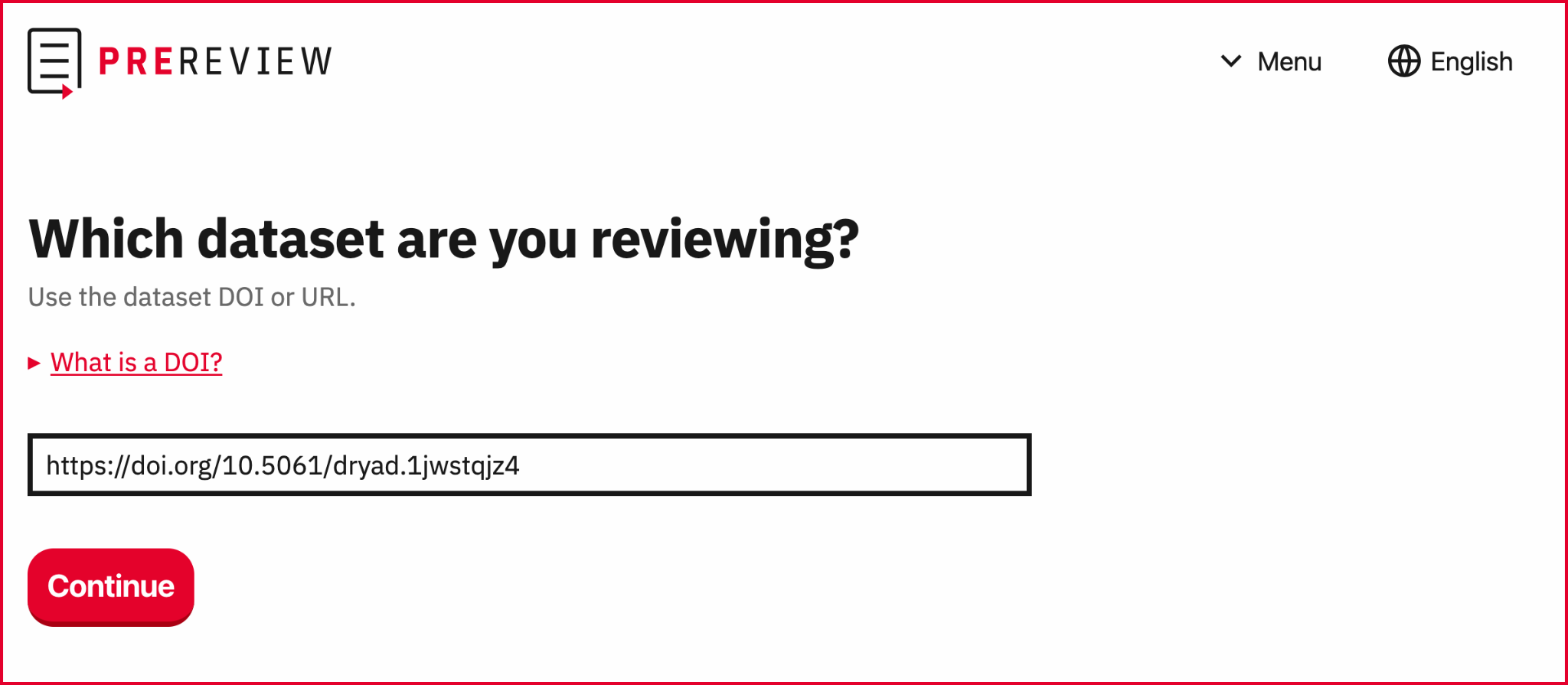 A screenshot from PREreview.org showing the dataset review workflow page asking for your datasets DOI