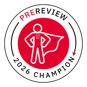The 2026 PREreview Champions Logo featuring a figure in white with a cape and the PREreview logo