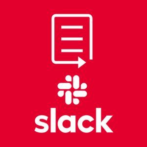 The PREreview logo at the top and Slack logo at the bottom with the image of a paper in white on a red background