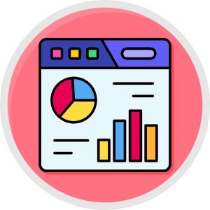 Image depicting stats and charts on a computer screen, in front of a red, circular background