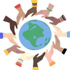 Image of a variety of hands, of different skin tones, surrounding the planet Earth in a caring way.