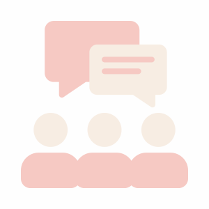 Pink icon of three people conversing, with two speech bubbles coming from opposite sides.