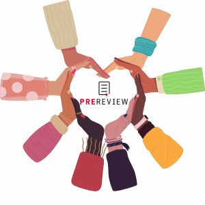 A group of eight hands and arms with all different skin tones, accessories, and clothes creating a heart shape around the PREreview logo.