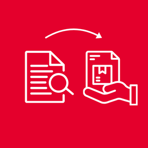 White linear graphics of a document search, leading to an open hand offering a new document suggestion over red background.