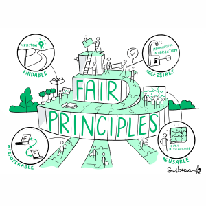 Hand-drawn illustration of a “FAIR PRINCIPLES” ramp or mountain, built by human figures piecing together a puzzle. From top to bottom, the puzzle pieces have text insets that say: “findable”, “accessible”, “interoperable”, and “re-usable”.