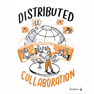 Hand-drawn sketch of a person talking in an online meeting with multiple colleagues, with a globe behind the screen, representing “distributed collaboration” and remote work.